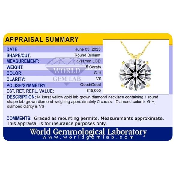 5 ct Lab‑Grown Diamond Solitaire Pendant in 14K Yellow Gold | 18″ Cable Chain - Picture 4 of 4